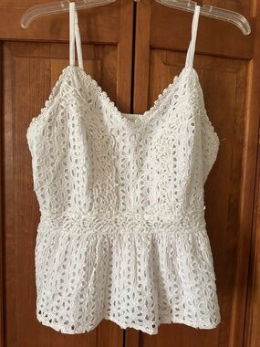 Spaghetti strap, peplum, sweetheart neck, lace eyelet blouse
